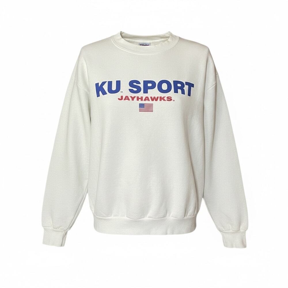 VTG 90s Lee KU Sport Jayhawks Large Made In USA White Sweatshirt Kansas